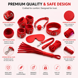 Premium 8 Piece Bondage Restraint Kit with Adjustable Cuffs & Blindfold